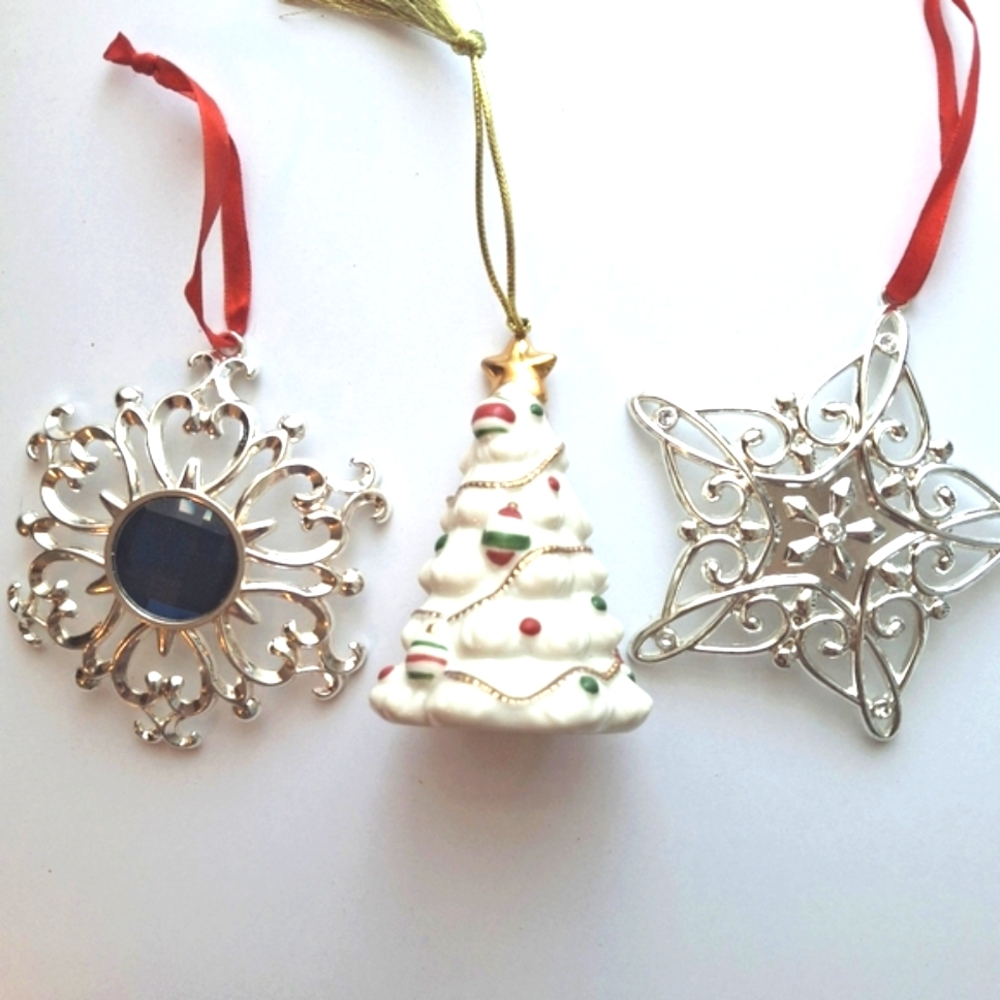 3 LENOX SILVER ORNAMENTS.
